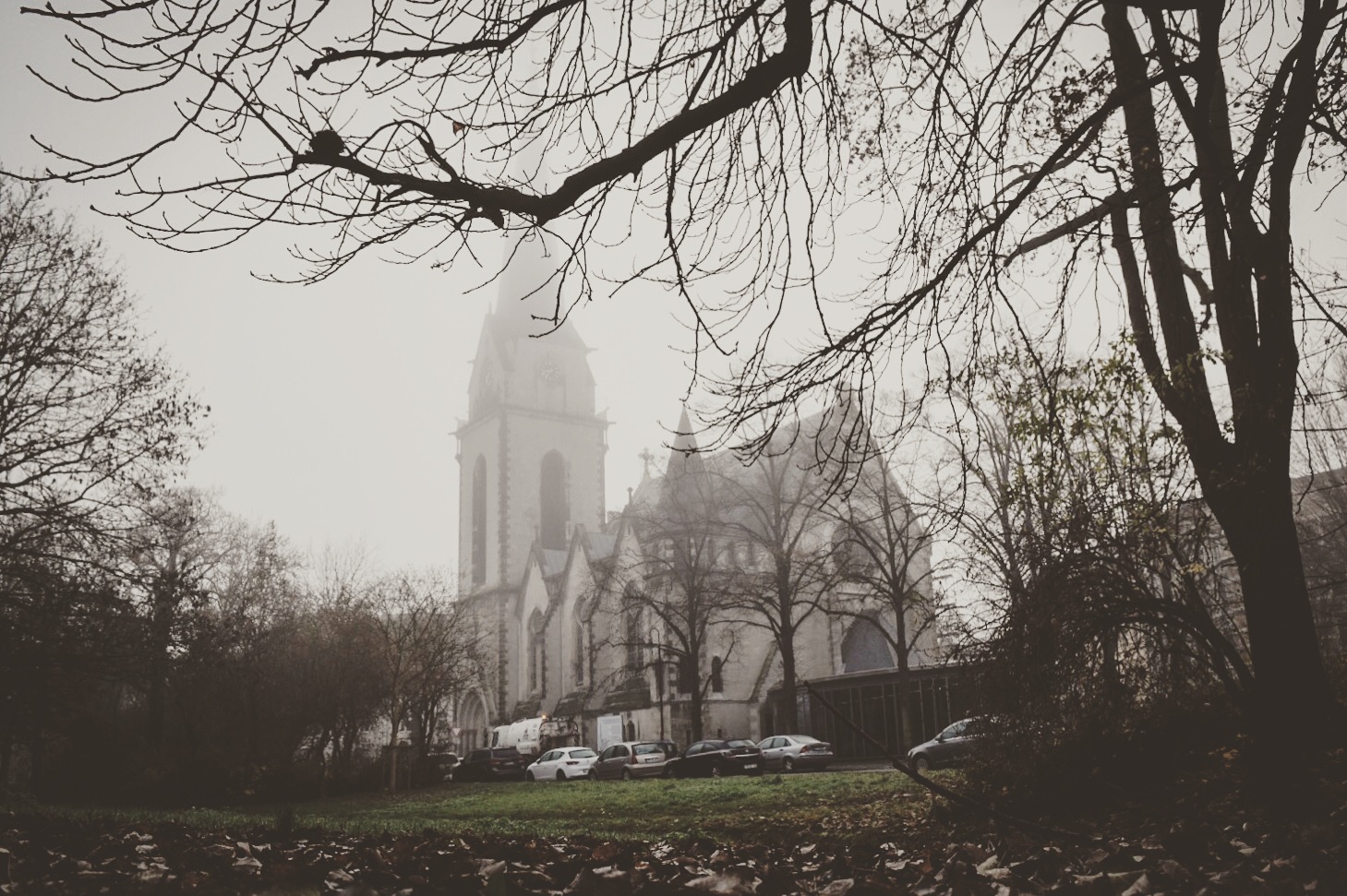 Die Pauluskirche im morgendlichen Novembernebel.